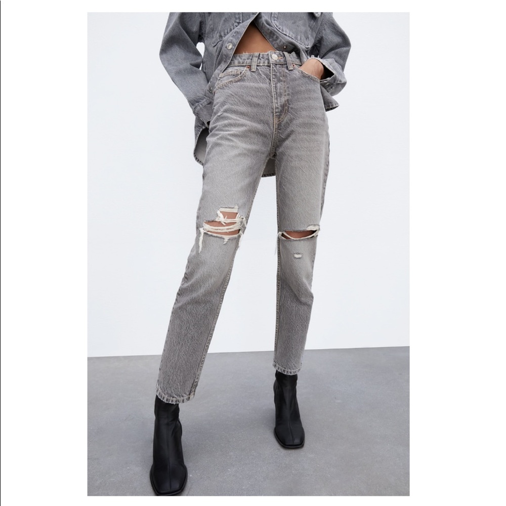 ZARA Ripped Mom Fit Jeans • Grey